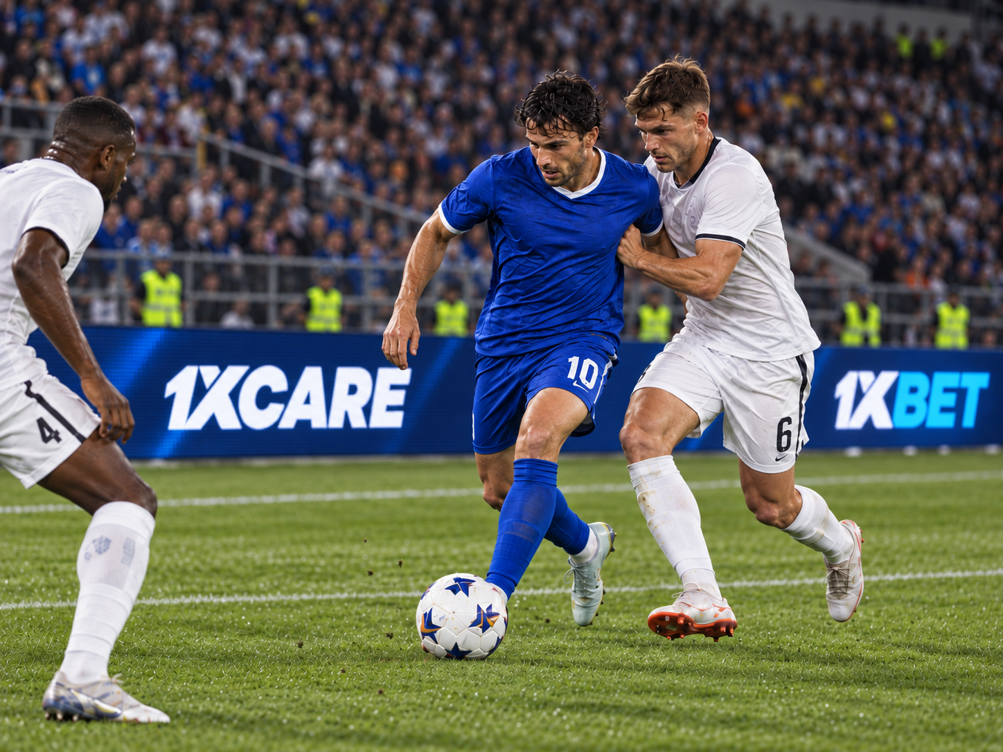 Football match with 1xCare and 1xBet branding on the perimeter boards.