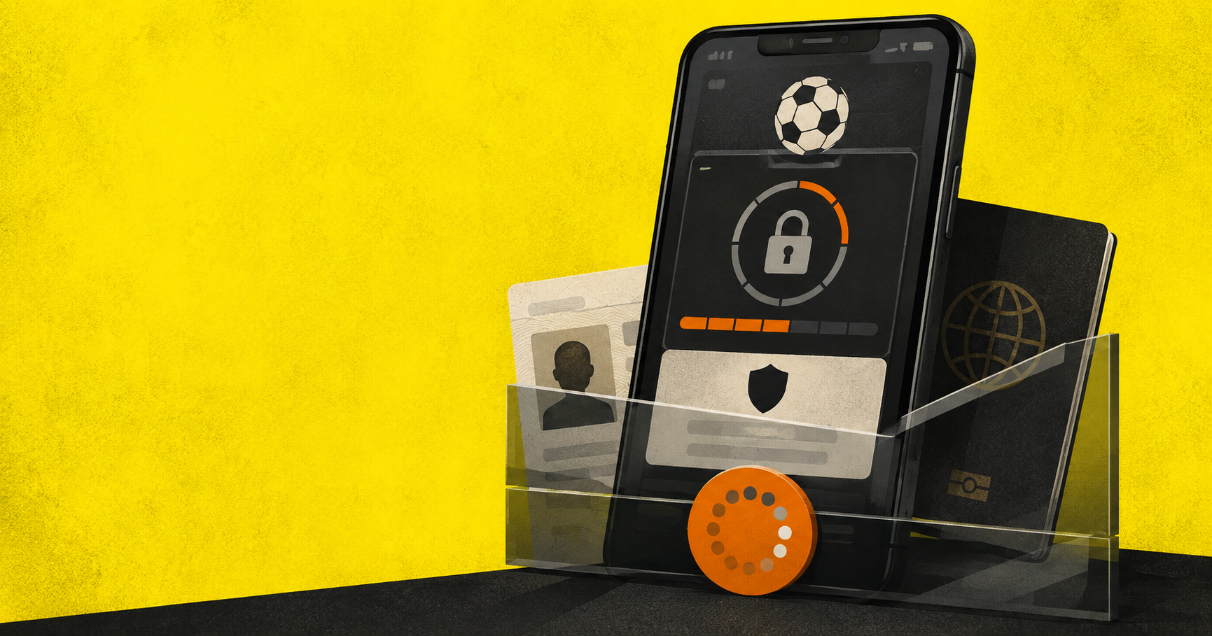 Editorial illustration of a sports-betting balance blocked by a withdrawal verification screen and identity documents.
