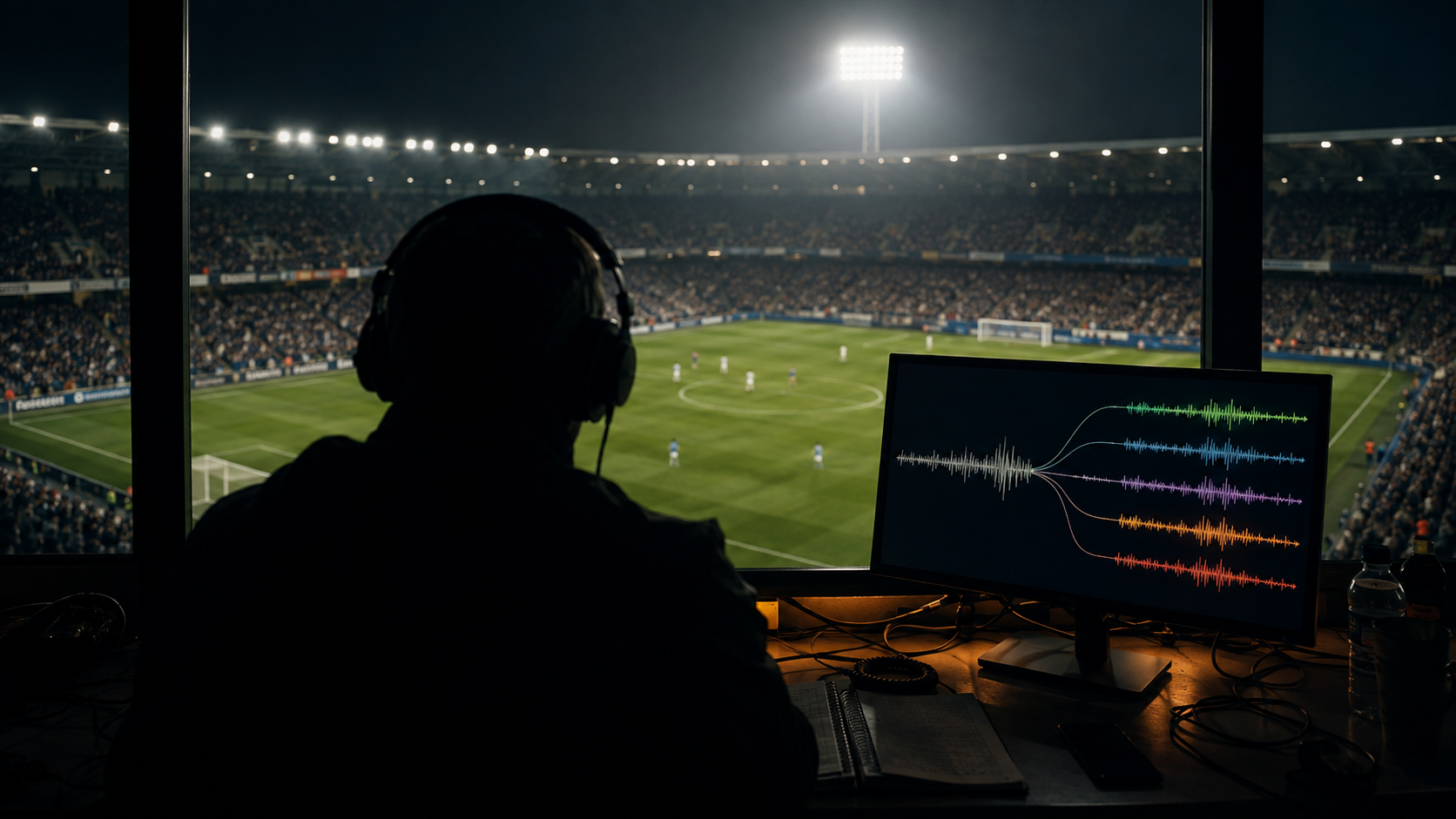 A football commentator's desk overlooking a floodlit pitch, with an audio waveform branching into several language tracks.