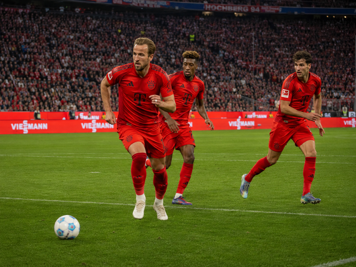 AI-generated illustration of footballers in red kits playing in a stadium with Viessmann-branded pitch-side LED boards.