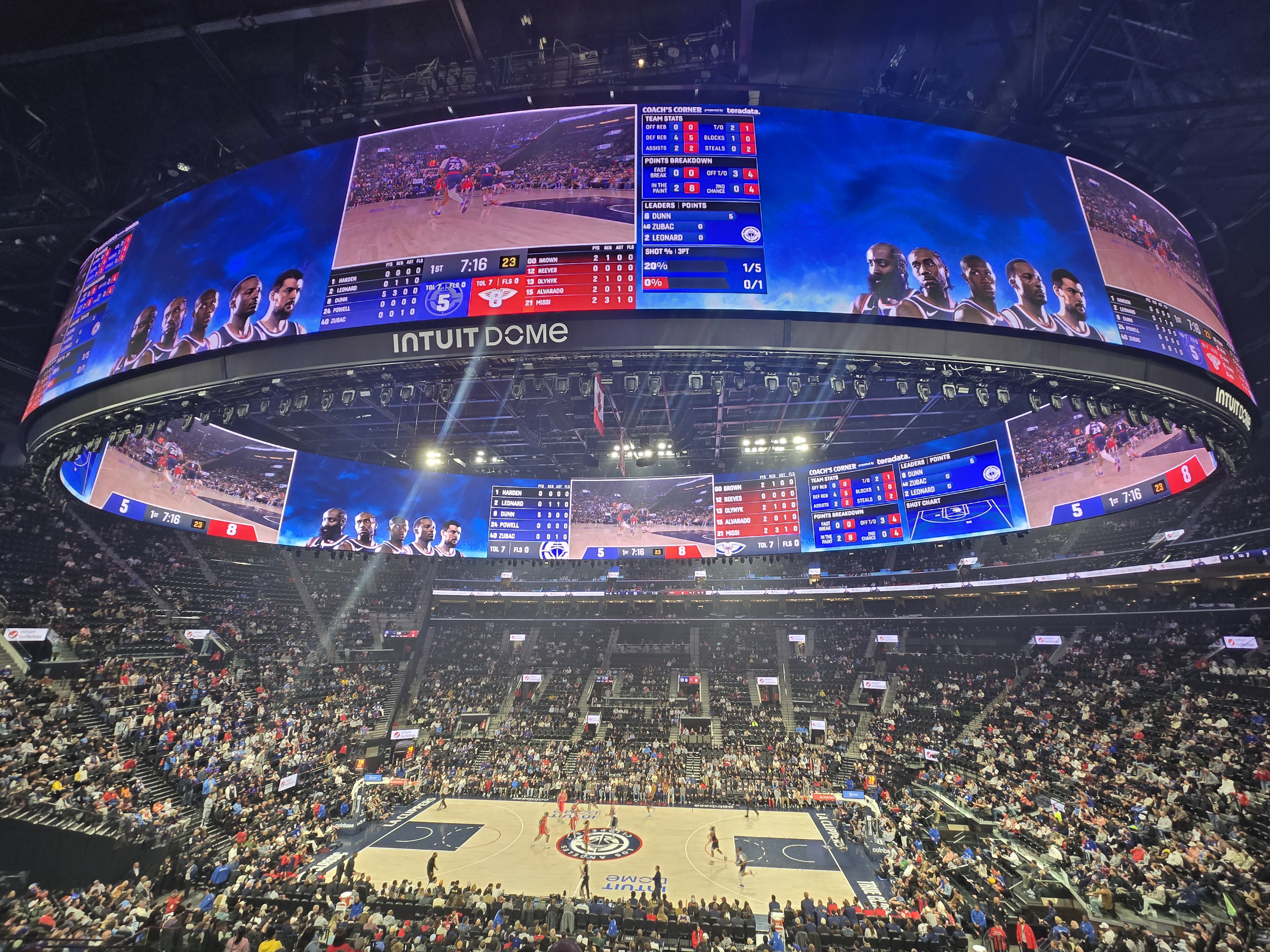 The double-sided Daktronics Halo Board above the court at Intuit Dome in Los Angeles.