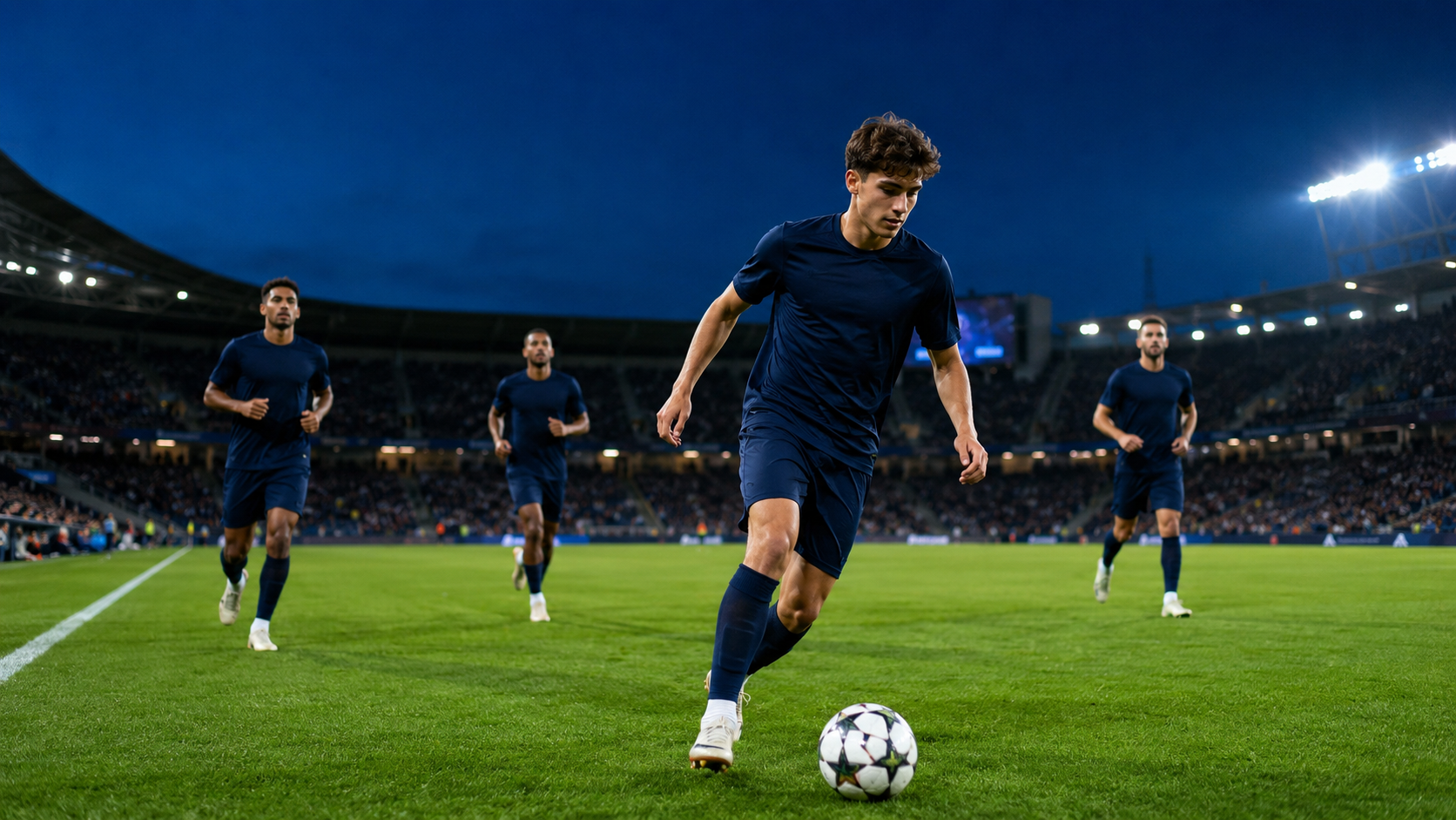 A young academy footballer walks onto a floodlit stadium pitch alongside three senior teammates.