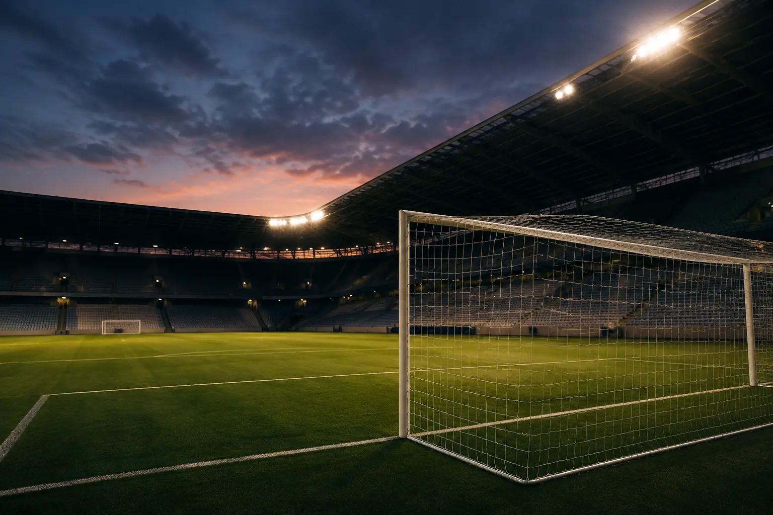 Floodlit football stadium viewed from behind the goal.