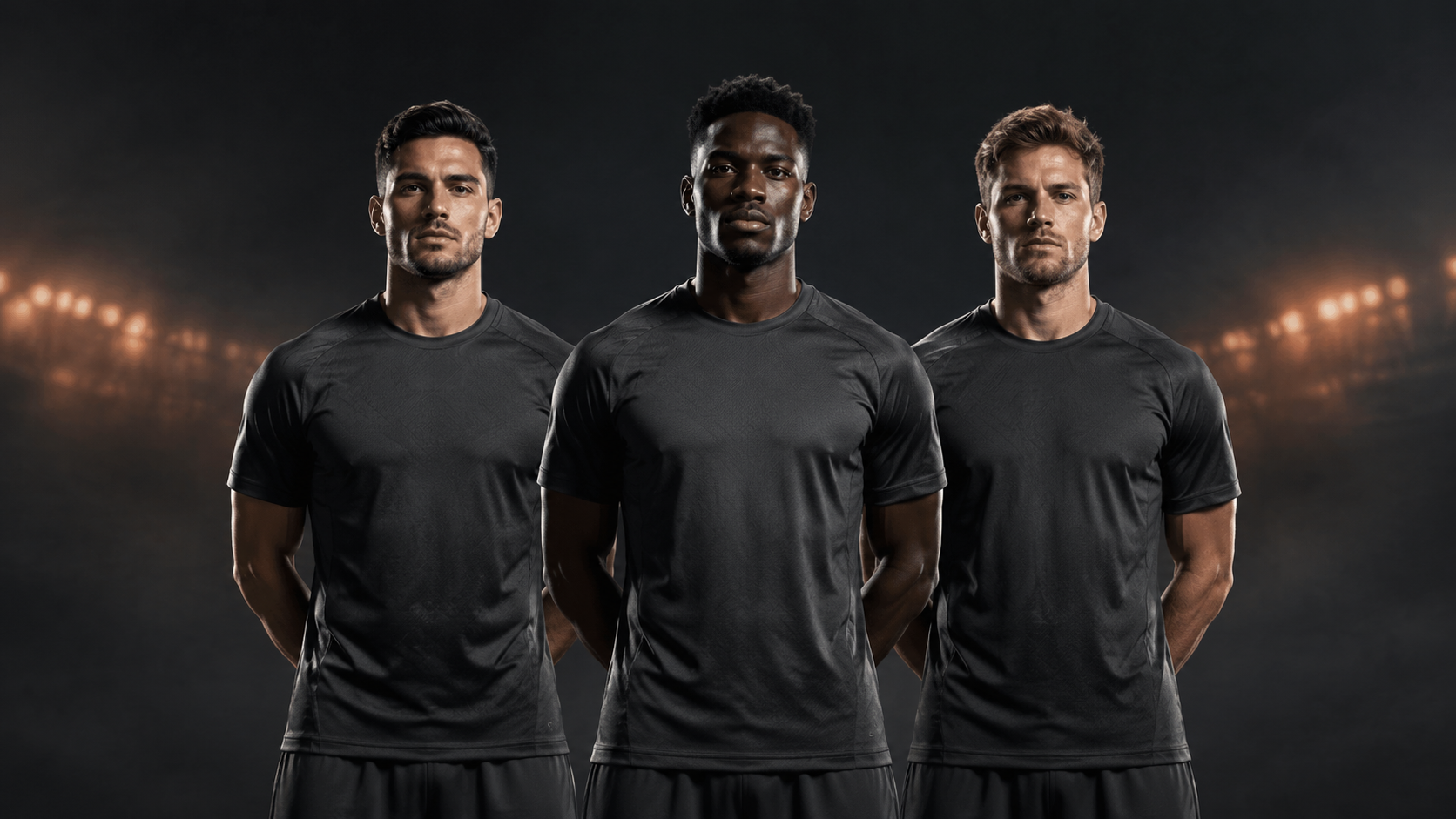 Three anonymous footballers stand in a serious sponsor-style line-up, illustrating football’s three-player image-rights convention.