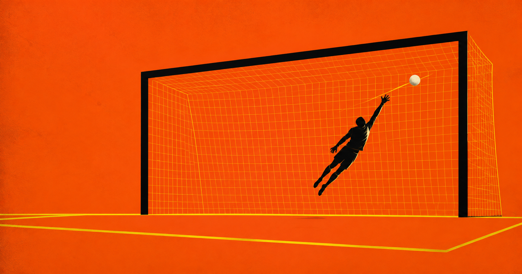 Editorial illustration of a larger football goal with a goalkeeper at full stretch as the ball passes beyond the hand.