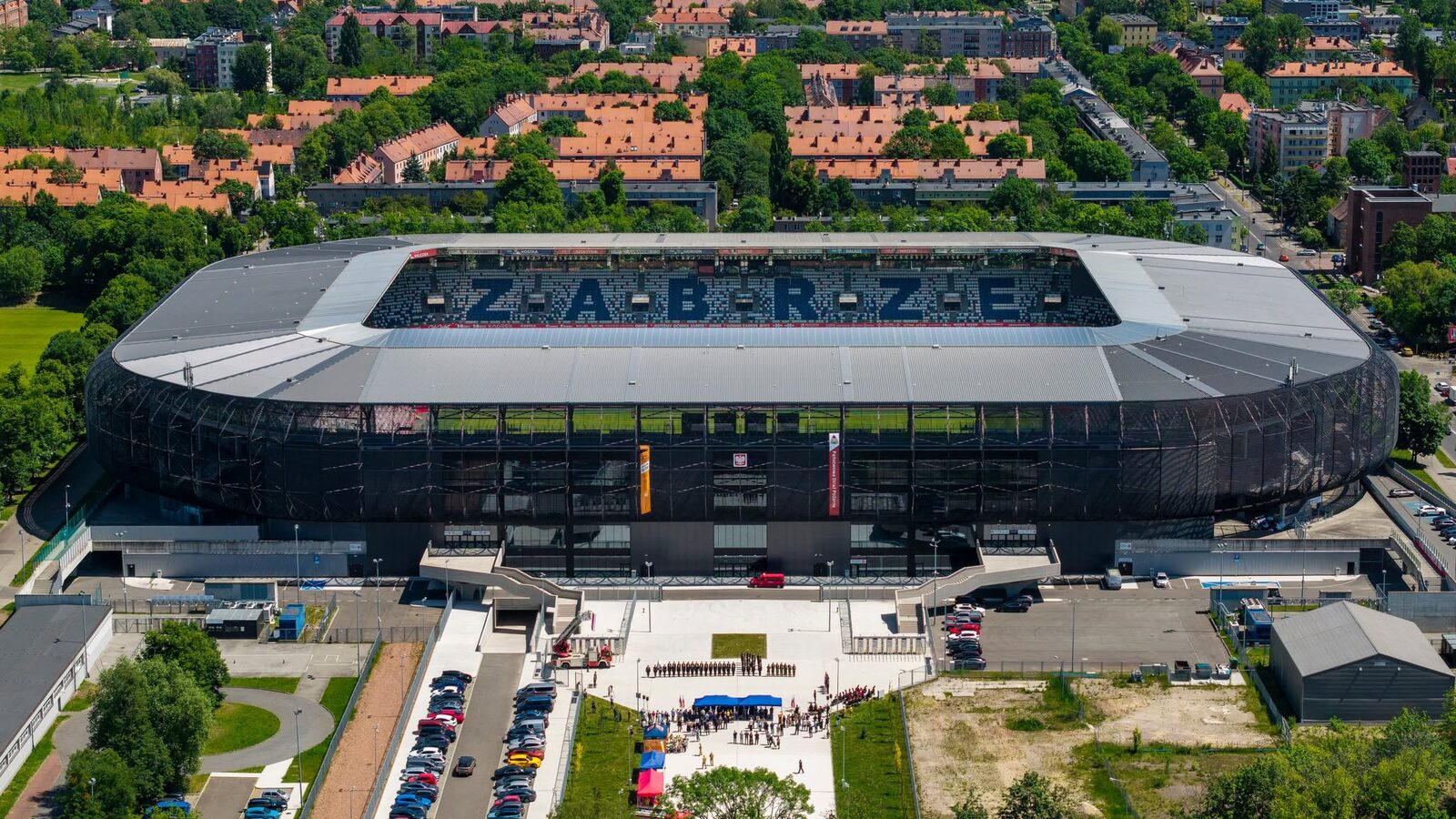 Aerial view of Górnik Zabrze's Ernest Pohl Stadium in Upper Silesia, Poland.