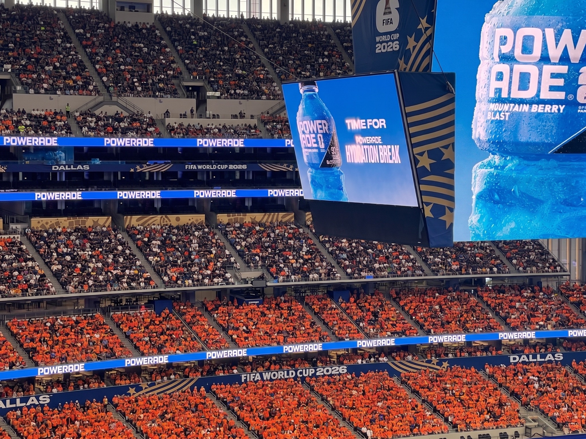 Stadium display carrying a Powerade hydration-break message alongside FIFA World Cup 2026 branding.