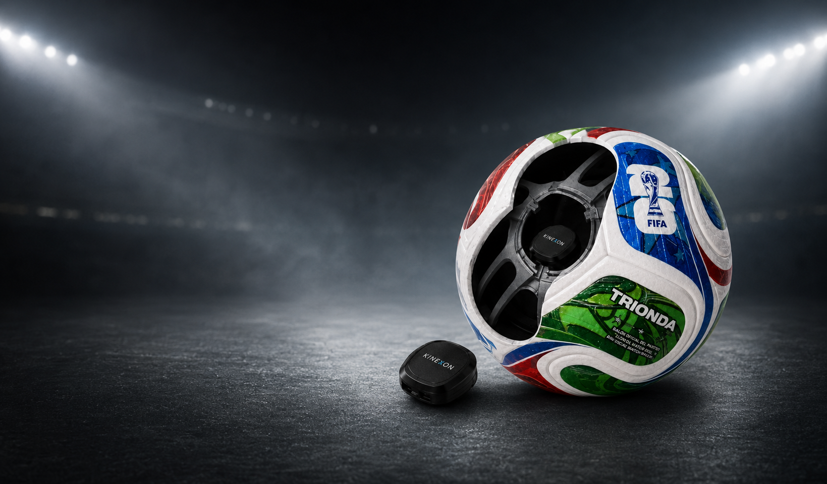 Cutaway view of a Trionda football showing its embedded Kinexon sensor and a separate sensor module.