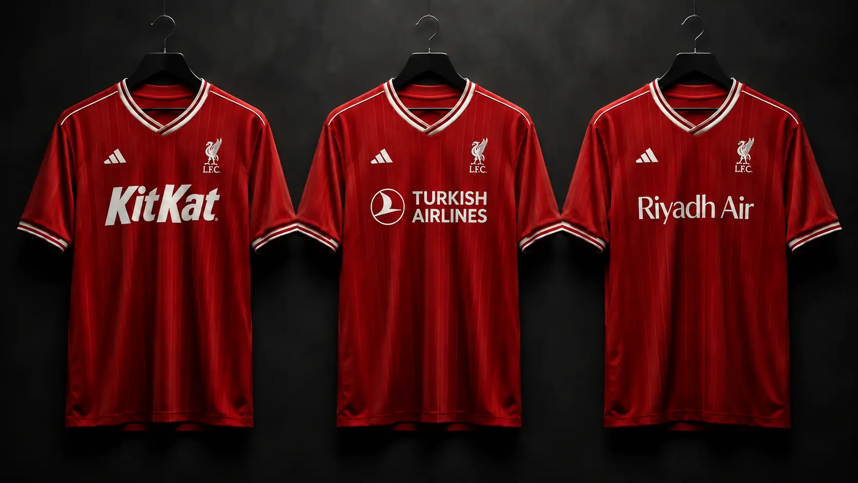 Editorial concept showing three red Liverpool football shirts, with illustrative KitKat, Turkish Airlines and Riyadh Air front-of-shirt branding.
