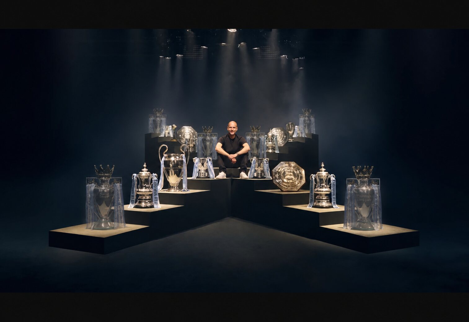 Pep Guardiola stands among Manchester City trophies, while the Premier League trophies appear faint and semi-transparent.