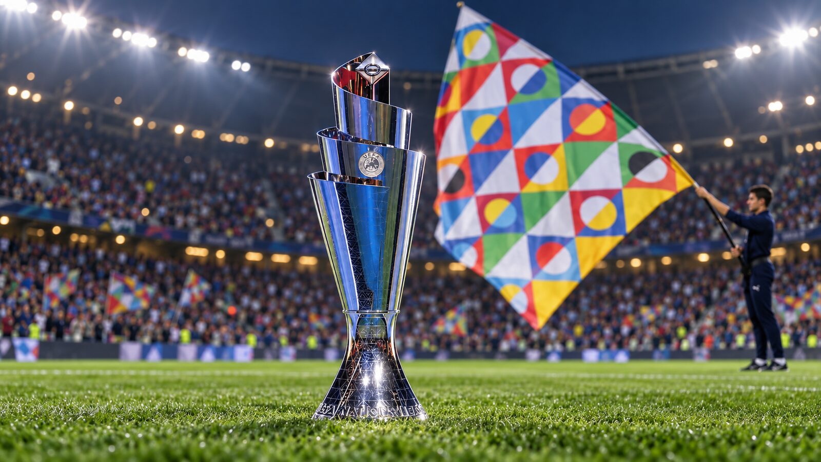 UEFA Nations League trophy standing on the pitch as a Nations League flag is waved in a floodlit stadium.