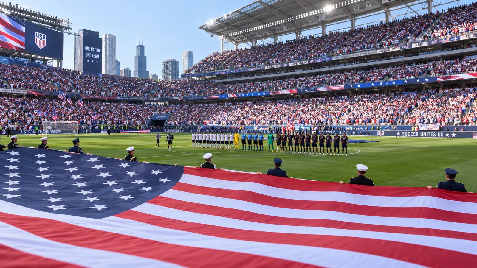 Players line up before a soccer match in the United States as a giant American flag is displayed on the pitch.