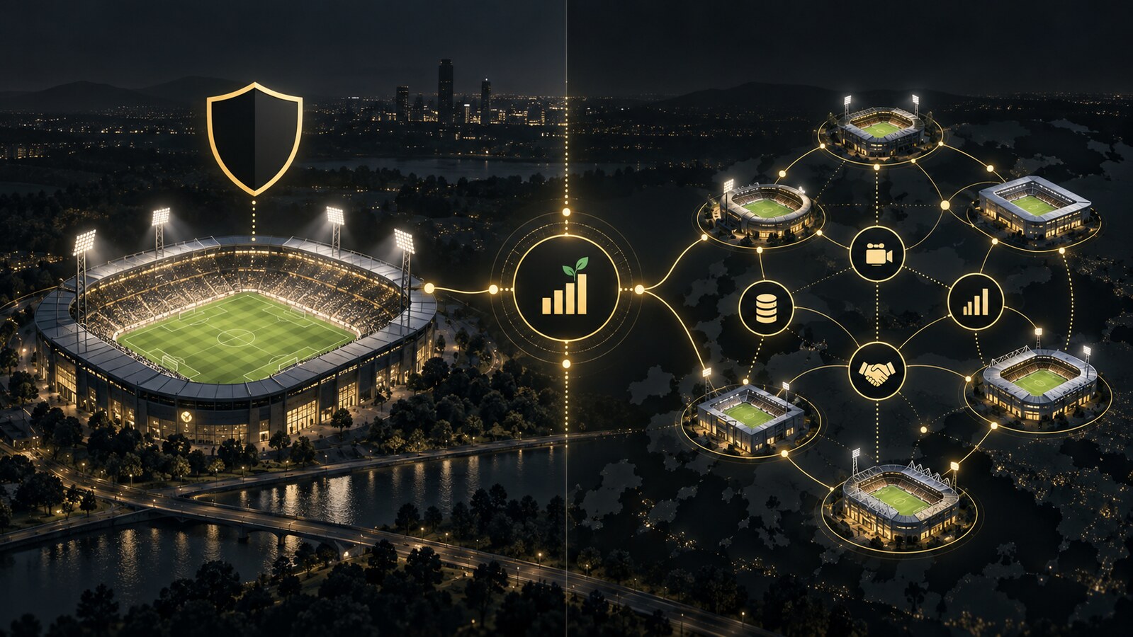 Editorial illustration showing two routes for a sport-tech start-up: testing with one football club or scaling through a network of sports rightsholders.