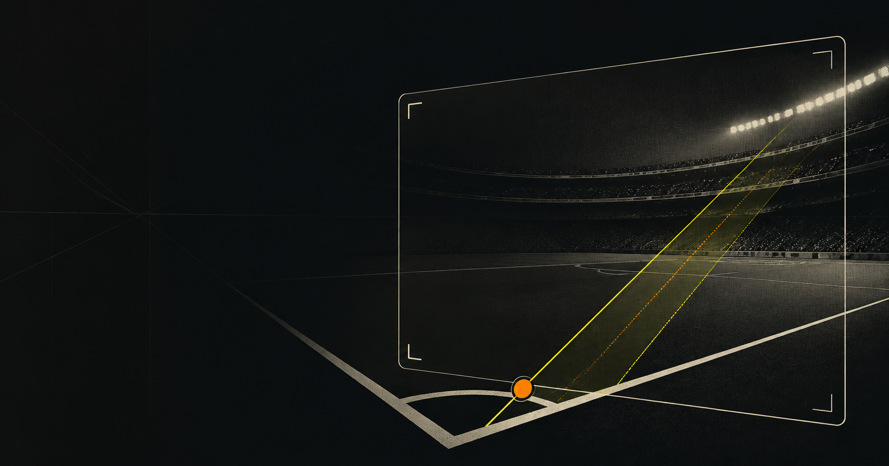 Editorial illustration of a football pitch seen through a VAR review frame with decision lines and a corner marker.